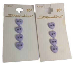 Vintage Streamline Lilac Purple Heart Shape 4 Pack Buttons Set of 2 New
